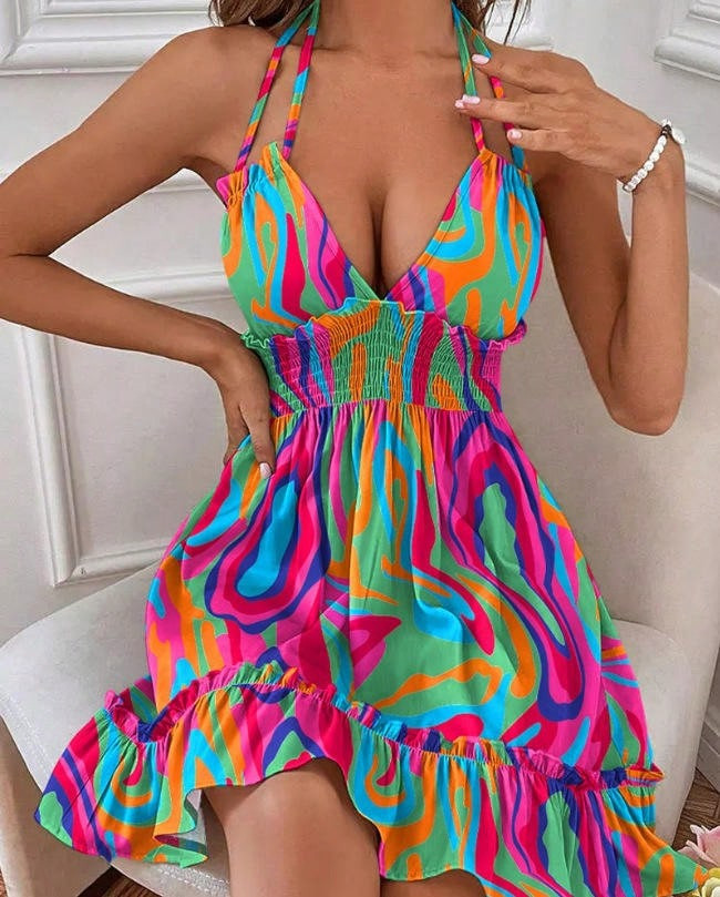 New Fashion Accessories European And American Cross-Border Hot Women's Clothing, Deep V Rope Straps, Earrings, Parallel Wrinkle Seams, Backless Sexy Dress | SHEIN