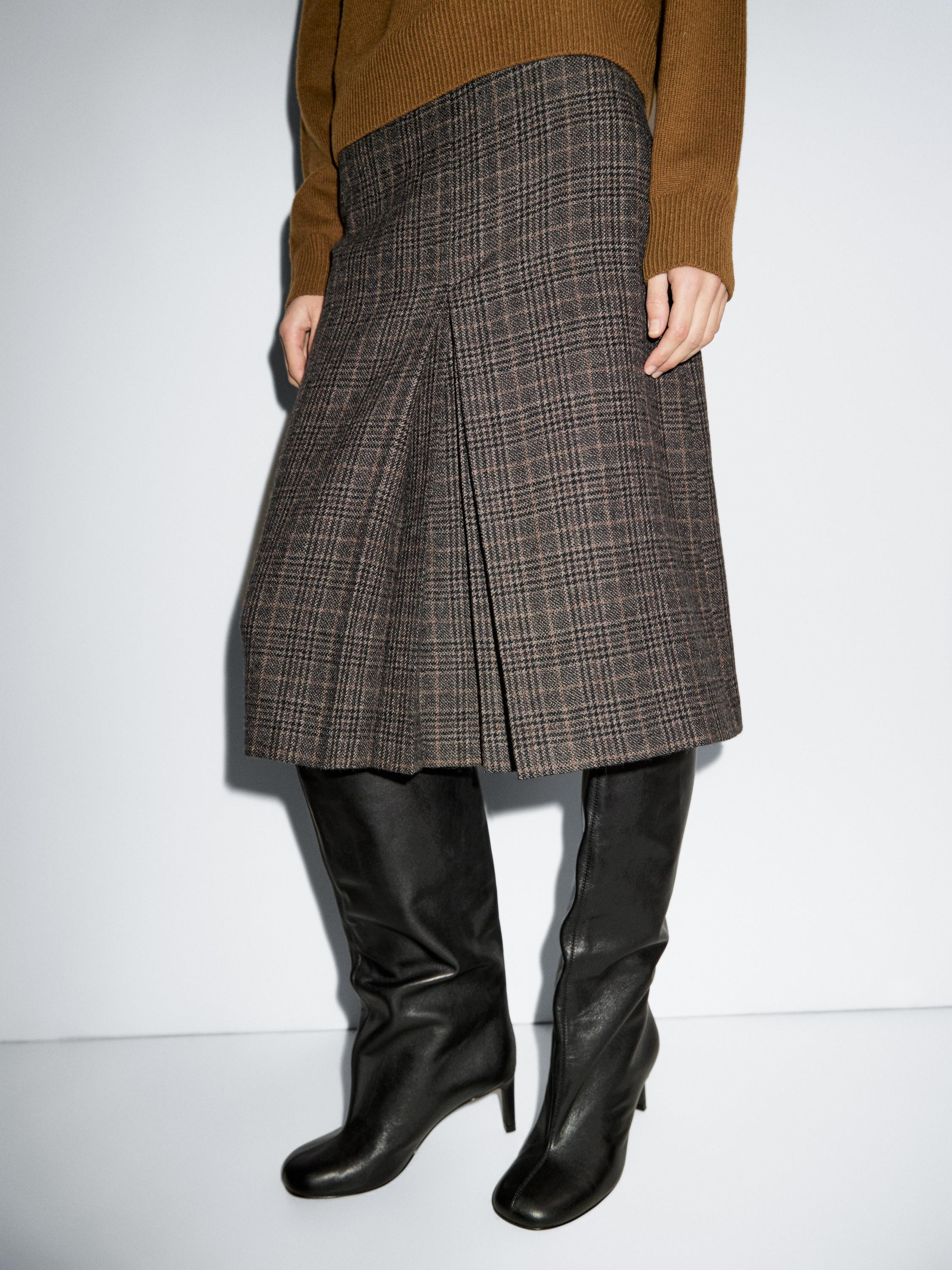 100% wool check midi skirt | Massimo Dutti US