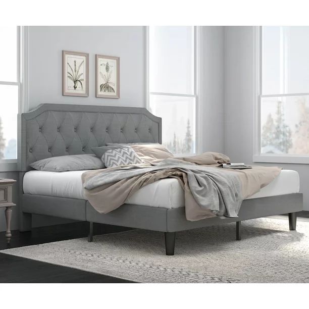 Amolife King Upholstered Platform Bed Frame with Diamond Button Tufted Headboard, Light Grey | Walmart (US)