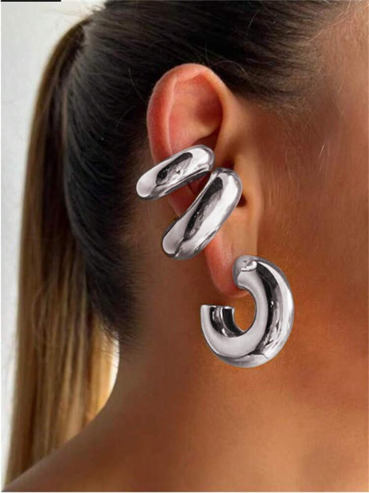 2pairs Fashionable Personality C-shaped Polished Stainless Steel Chunky Hoop Clip-on Earrings For... | SHEIN