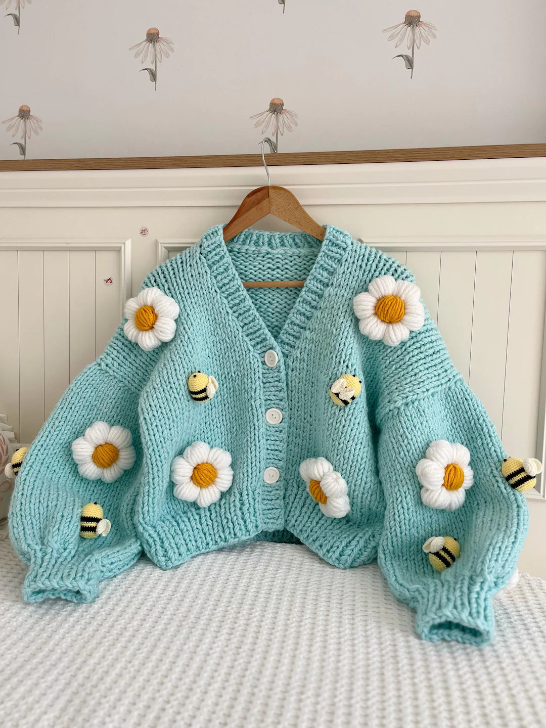 Daisies and Bees Cardigan |Handmade Knit Cardigan | Chunky Crochet Cardigan |Cute Spring Aestheti... | Etsy (US)