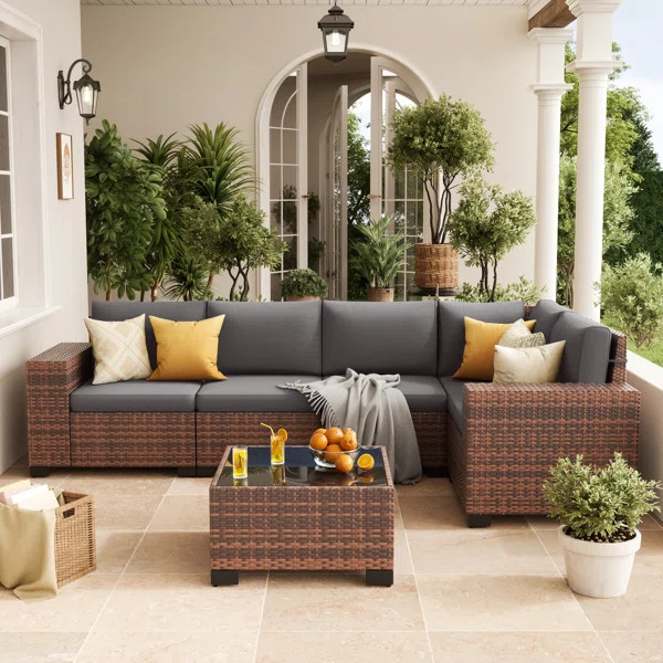 5 - Person Outdoor Rattan Sectional Seating Group With Cushions | Wayfair North America