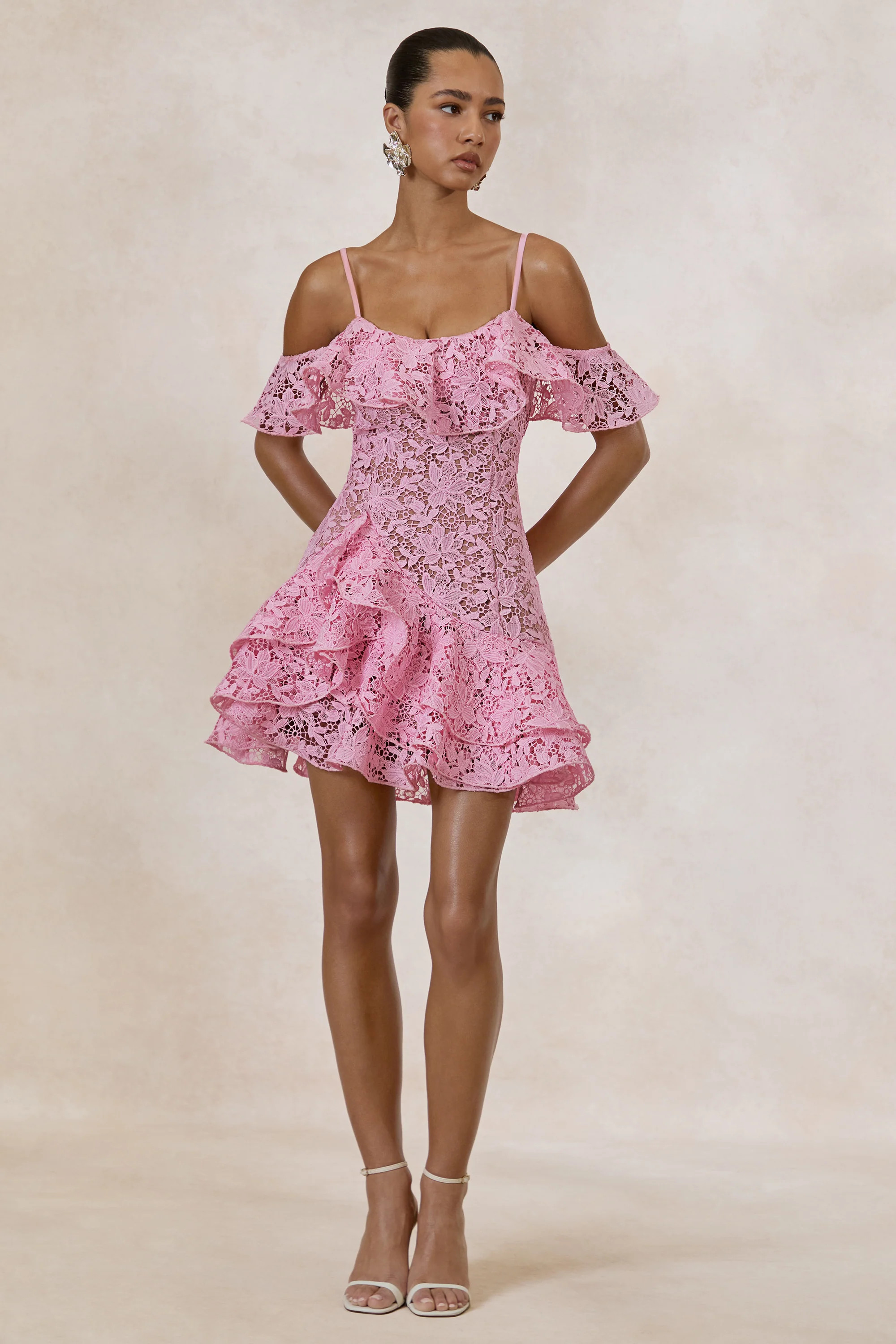 Lyris | Pink Lace Scoop-Neck Mini Dress With Ruffled Detailing | Club L London