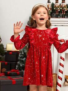SHEIN Young Girl Star Print Ruffle Trim Flounce Sleeve Dress for Christmas | SHEIN