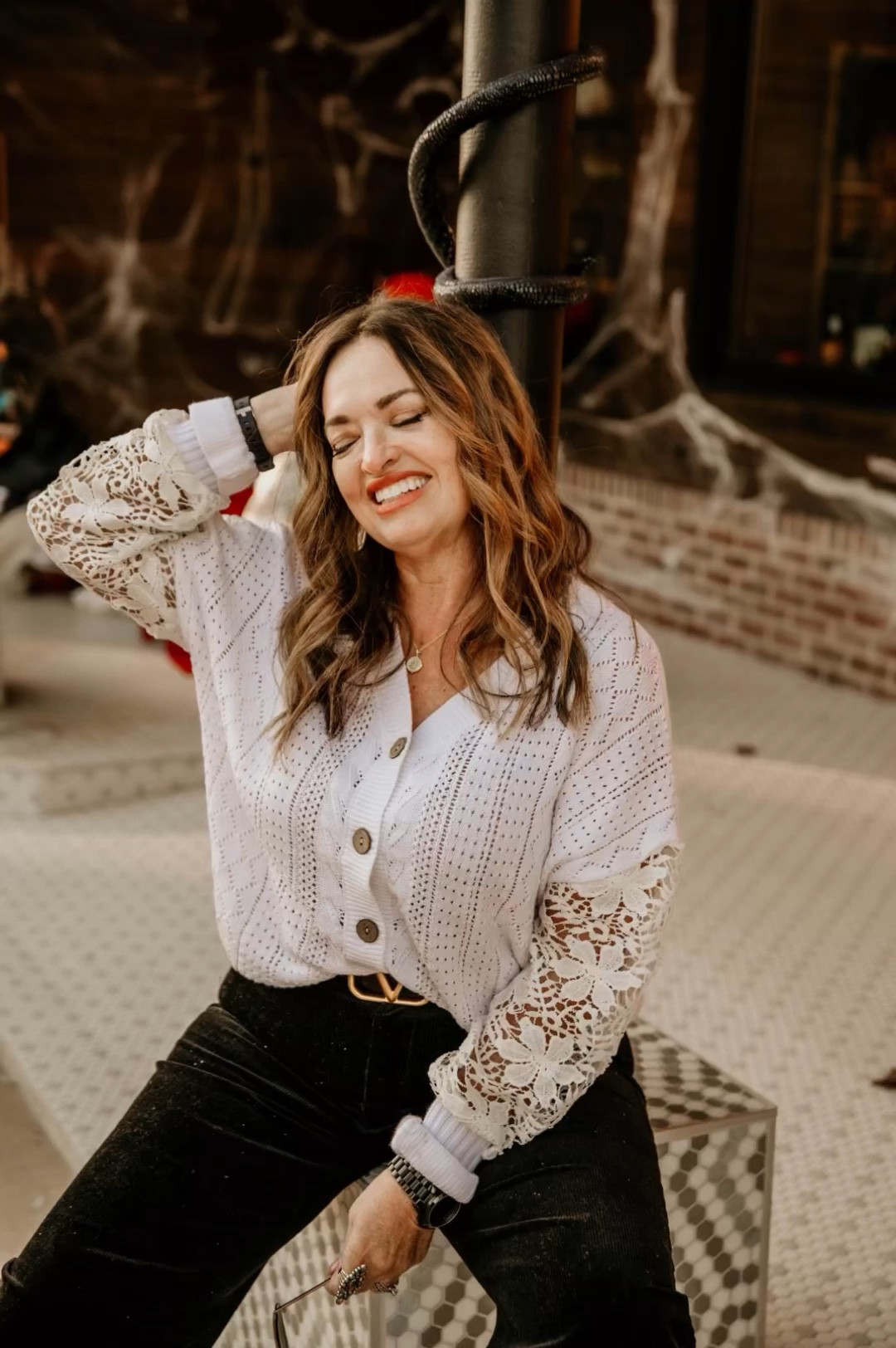 I have been recovering from 2 illness back to back. Hopefully on the mend now.
I took a slight break from social media and celebrated my husband’s birthday and friends anniversaries in Cabo. 

This beautiful white cardigan with lace sleeves is beautiful. I paired it with wide leg corduroy pants and my chunky loafers.

#LTKHoliday #LTKSeasonal #LTKstyletip