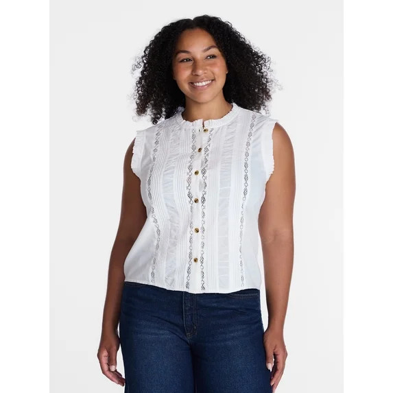 Time and Tru Women's Lace Inset Sleeveless Cotton Top, Sizes XS-XXXL | Walmart (US)