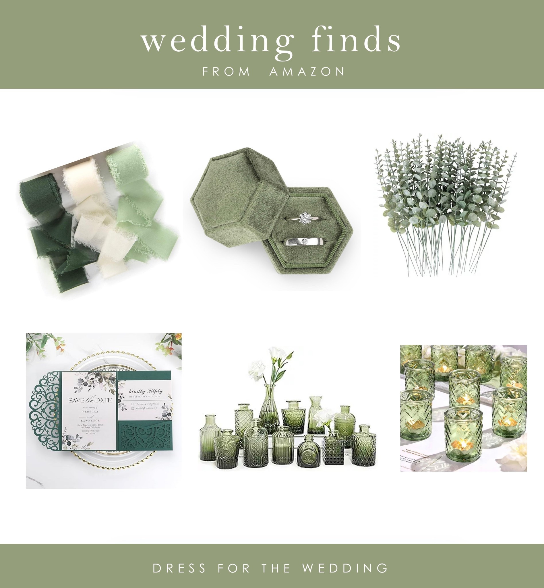 Wedding decor
Green decor 
Green wedding colors 
Gift for bride 
Green ribbon 
Ring box
Engagement party decor 
Shower decorations 
Party decorations
Green vases
Bud vase
Wedding accessories 
Amazon wedding finds
Green wedding ideas
Ribbon
Velvet Ring box
Votives
Green decor 
Eucalyptus stems
Faux flowers Napkins
Napkins
Chargers
Affordable wedding finds
Wedding table decoration 
Green table decor 
Green home deck 
Affordable wedding finds

Follow Dress for the Wedding on the LIKEtoKNOW.it shopping app to get the product details for this look and more cute dresses, wedding guest dresses, wedding dresses, and bridal accessories, plus wedding decor and gift ideas! 


#LTKWedding #LTKFindsUnder50 #LTKGiftGuide
