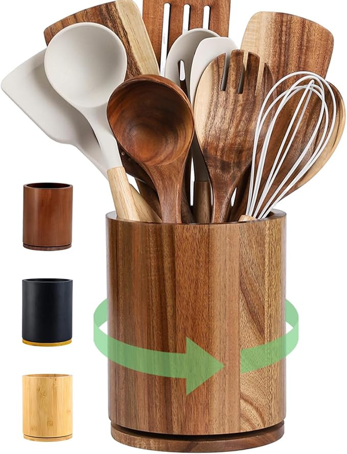 Wooden Utensil Holder, 360°Rotating 7.3'' Large Utensil Holder for Kitchen Counter, Kitchen Uten... | Amazon (US)