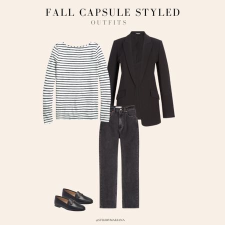 Fall Capsule Styled Looks
Elevated casual fall outfit
Black blazer
Dark denim
Striped long sleeve top and black loafers 

#LTKSeasonal #LTKFind #LTKSale