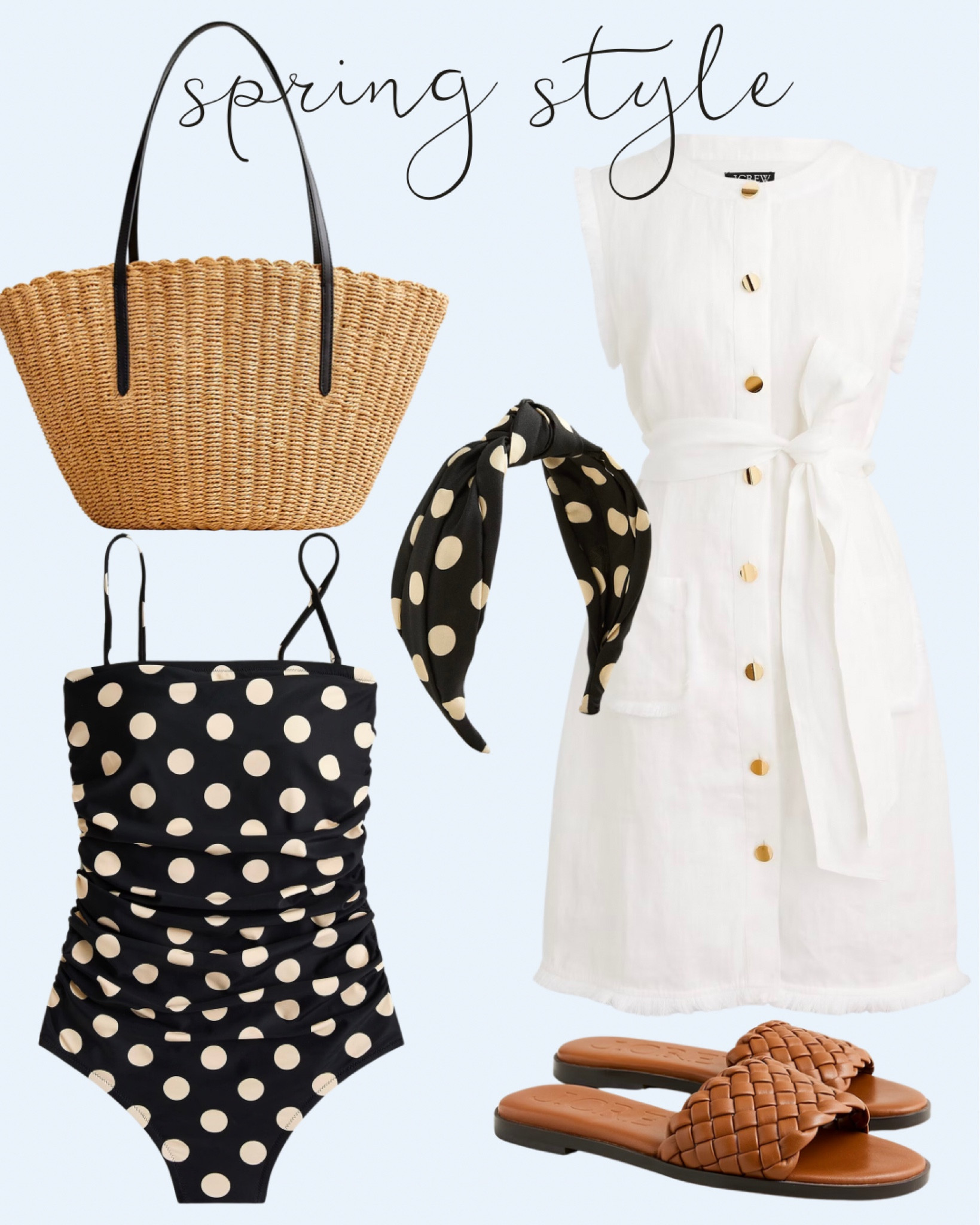 spring style, polkadot, swimsuit, one piece, preppy style, sandals, swim, bathing suit, headband, neutral style, coverup, white dress, spring dress, beach trip, spring break, beach style, coastal style, grandmillennial home, grandmillennial style, classic home, classic style, home decor, spring decor, spring decorations