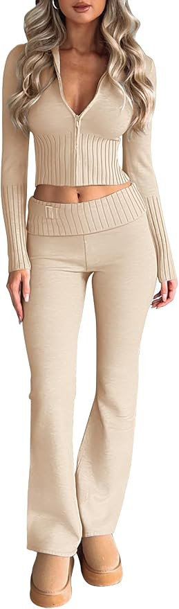 LILLUSORY 2 Piece Knit Sets Women's Trendy Slim Fit Hooded Sweatsuit Sets | Amazon (US)