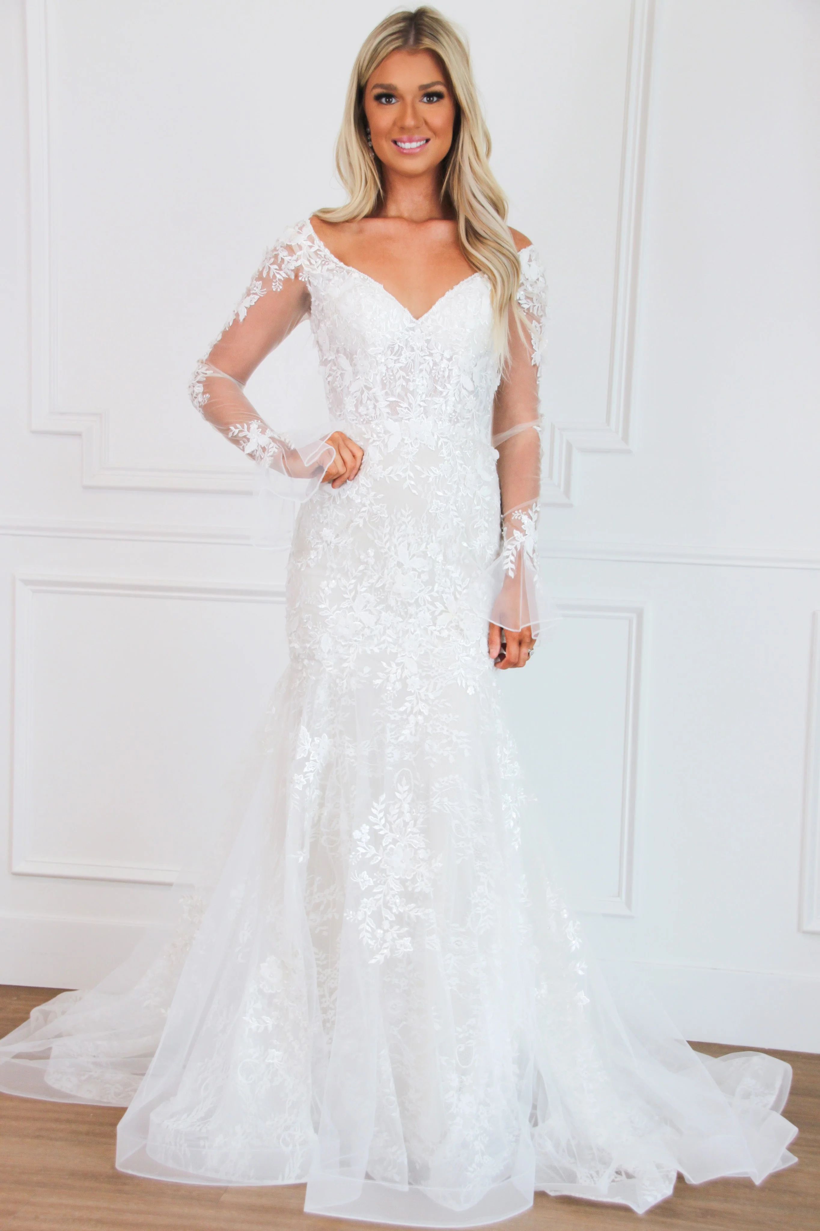 Giselle Floral Applique Long Sleeve Wedding Dress: Off White/Nude | Bella and Bloom Boutique