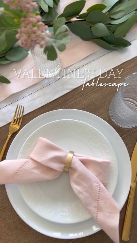 Valentine’s Day tablescape galentines party table setting runner eucalyptus garland linens napkins gold candlestick candle holder flicker flameless candles white plates gold utensils flatware pink and white gold napkin rings glasses glassware hobnail drinking glasses blush pink sedum stem in vase target Amazon solino home

#LTKstyletip #LTKSeasonal #LTKhome