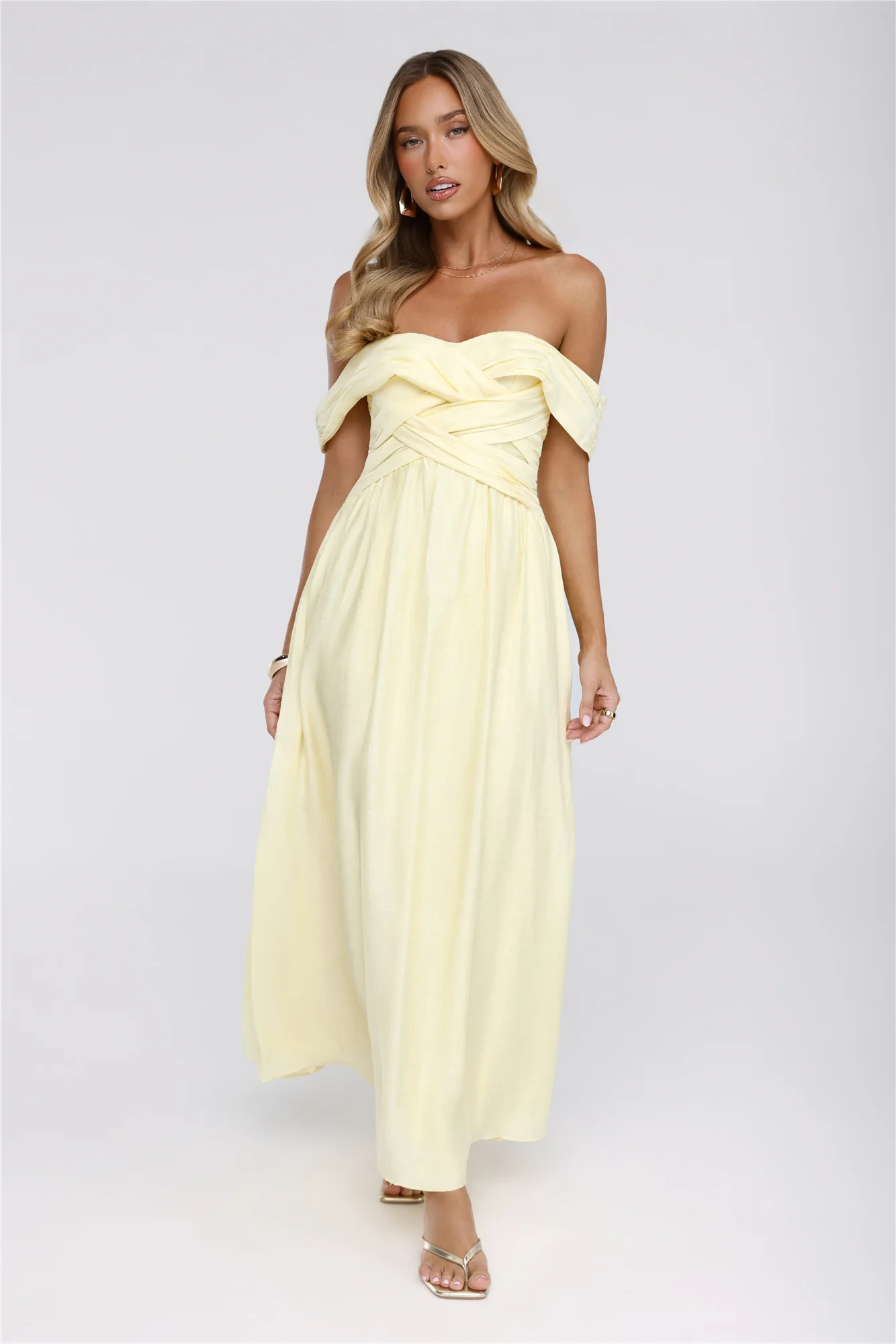 Sand Twirl Off Shoulder Maxi Dress Yellow | Hello Molly (US)