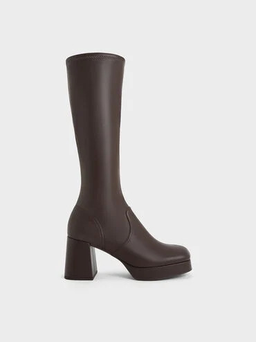 Dark Brown Evie Platform Block-Heel Knee-High Boots | CHARLES & KEITH | Charles & Keith CA