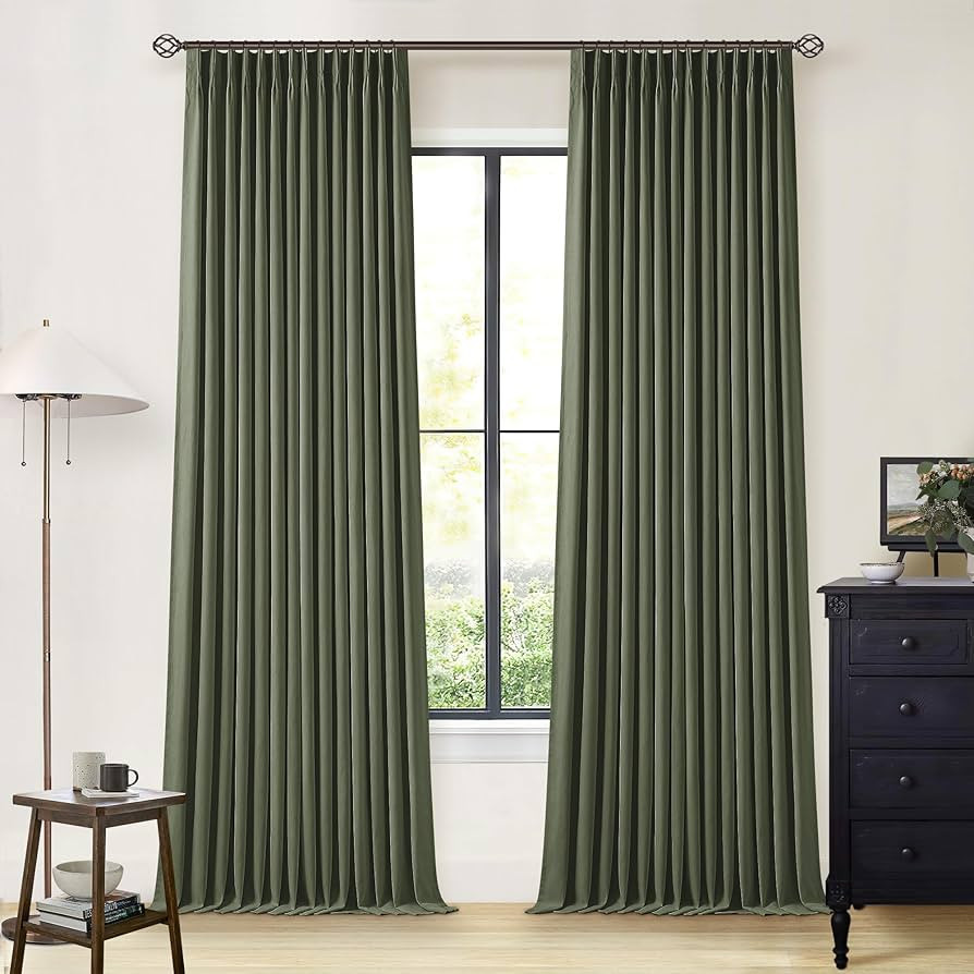 Olive Green Pinch Pleated 100% Blackout Linen Bedroom Curtains 96 Inch Length Double Layer Pleat ... | Amazon (US)