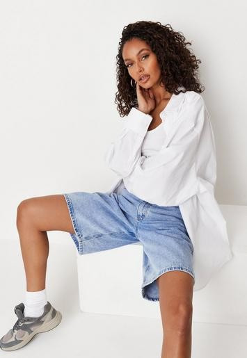 Blue Long Length Boyfriend Denim Shorts | Missguided (US & CA)