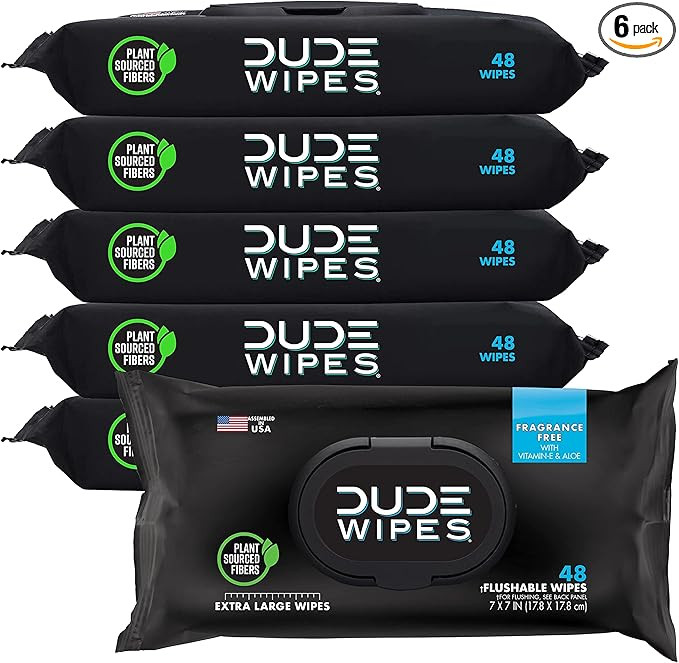 DUDE Wipes - Flushable Wipes - 6 Pack, 288 Wipes - Unscented Extra-Large Adult Wet Wipes - Vitami... | Amazon (US)