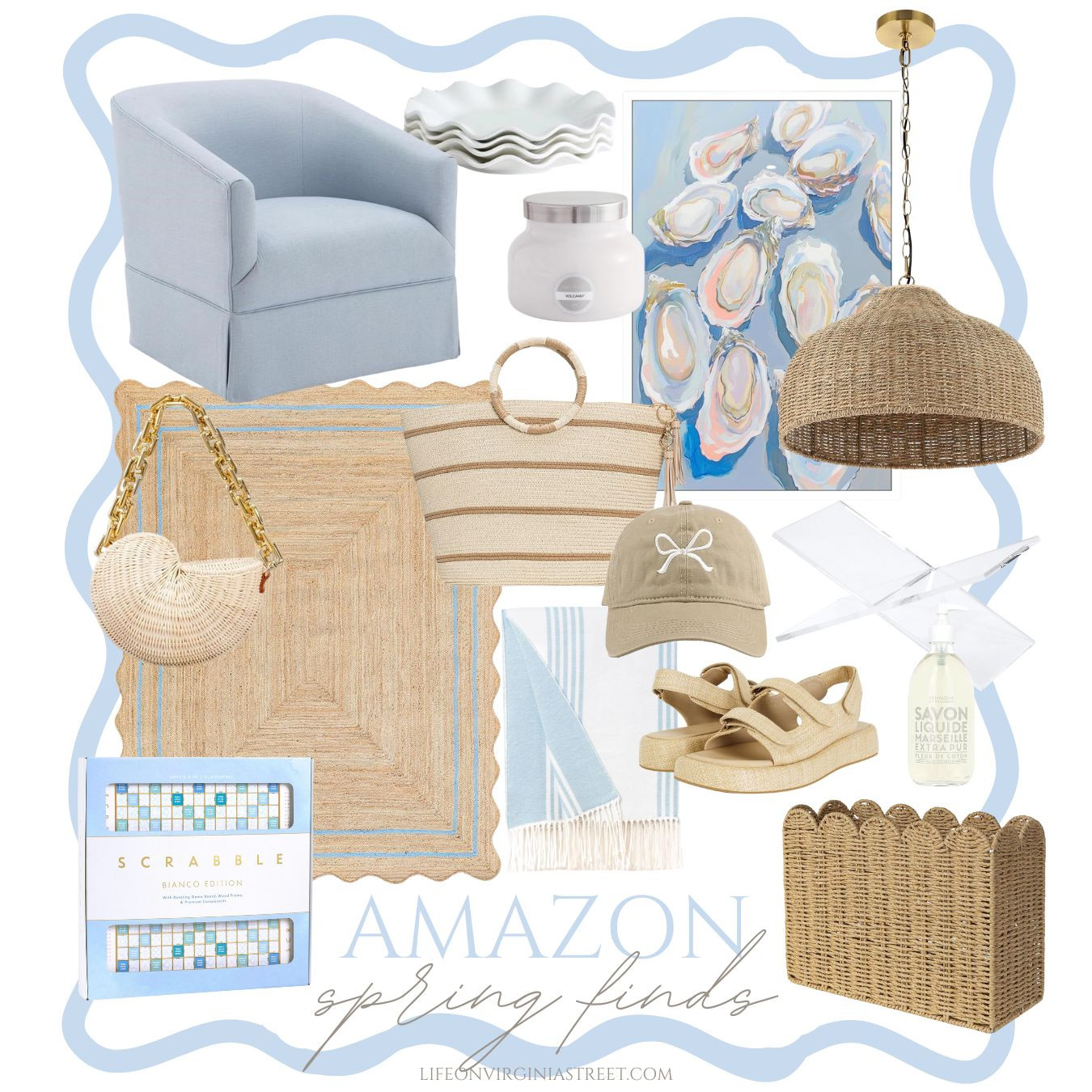 These Amazon spring coastal finds are so perfect for the warmer months ahead! We own and love these light blue swivel barrel chair and it looks so cute paired with this oyster shell art, rattan pendant designer look for less, scalloped rug, scalloped plates, raffia sandals, woven scalloped basket, coastal themed Scrabble game board, luxed striped throw blanket, bow tie hat, striped tote, seashell shaped purse, acrylic book stand and more! #ltkhome #ltkfindsunder50 #ltkfindsunder100 #ltkstyletip #ltksalealert #ltkseasonal #ltkshoecrush #ltkitbag #ltkbeauty grandmillennial style, coastal grandmother style, beach vibes, Nantucket vibes 

 #LTKGiftGuide #LTKHome #LTKFindsUnder50