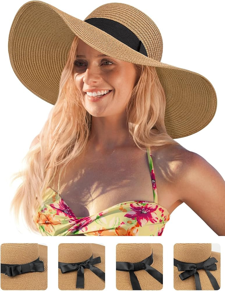 Beach Hats for Women, Wide Brim Sun Straw Hat Foldable Summer Floppy Hat UV Protection Cap | Amazon (US)
