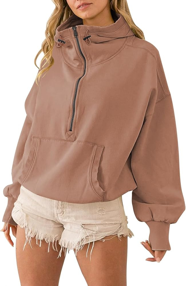 Fixmatti Women Half Zipper Hoodie Sweatshirt Long Sleeve Zip Up Oversized Drawstring Pullover Hooded | Amazon (US)