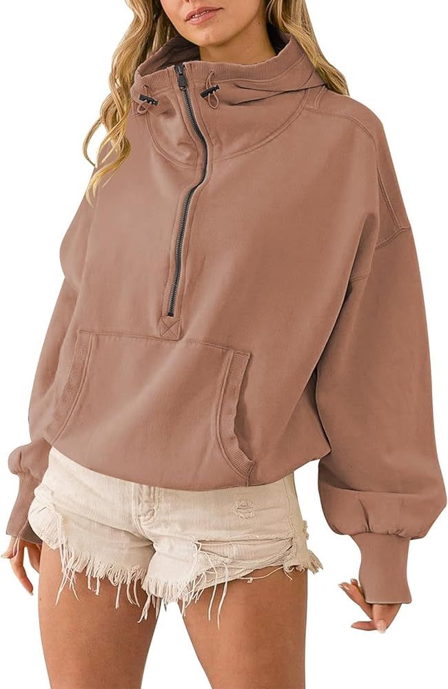 Fixmatti Women Half Zipper Hoodie Sweatshirt Long Sleeve Zip Up Oversized Drawstring Pullover Hooded | Amazon (US)