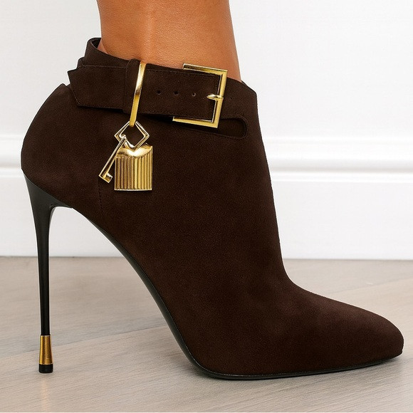 TOM FORD Brown Suede Almond Toe Padlock Ankle Strap Booties Size EU38.5 | Poshmark