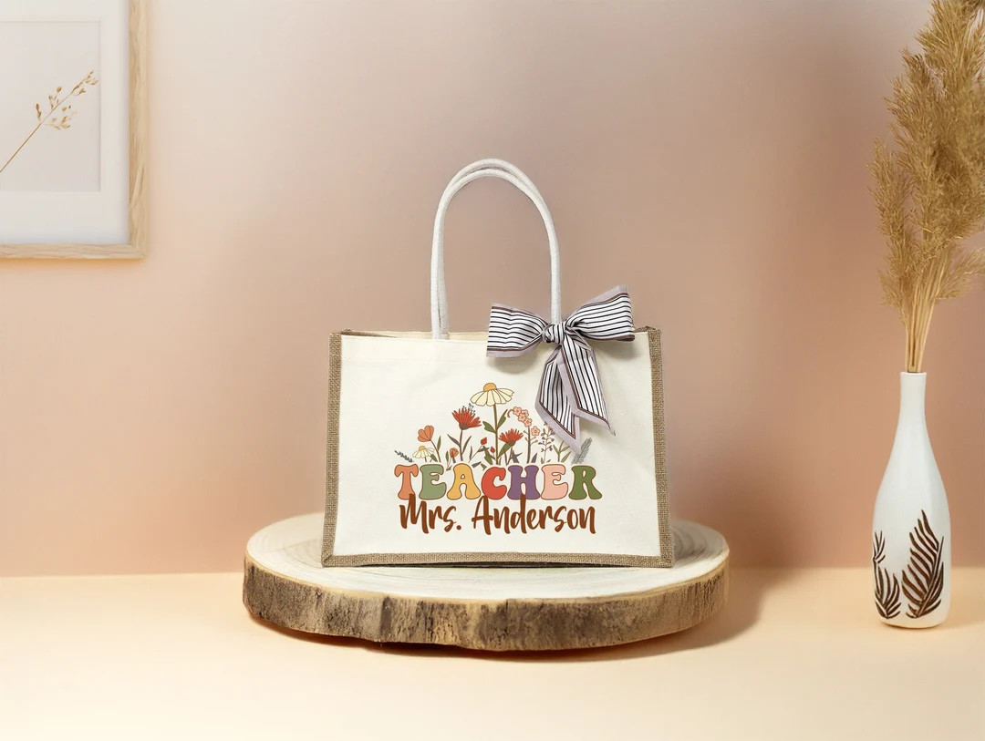 Wildflowers Teacher Name Tote Bag, Custom Teacher Burlap Tote, Personalized Teacher Tote, Gift fo... | Etsy (US)