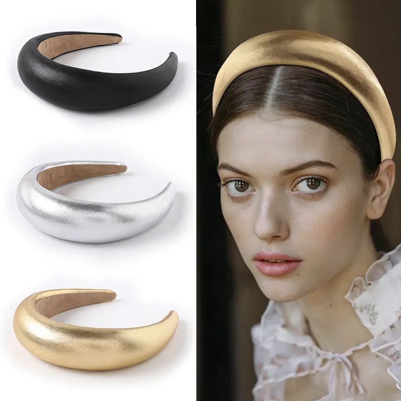 Luxury Women PU Padded Wide Sponge Headband Solid Sweet Gold Silver Color Lady Hair Hoop Vintage ... | AliExpress (US)