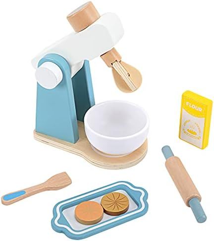 WHOHOLL Wooden Kitchen Toys, 8 Pcs Mixer Toy Set Play Kitchen Accessories with Rolling Pin Cookie... | Amazon (US)