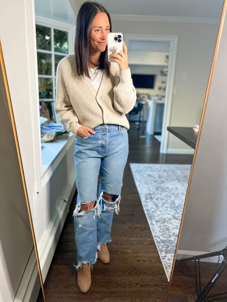 Amazon fall fashion finds:

Cardigan (small)
Free People jeans (27)
White T-shirt (small)
Booties - linked similar 

Casual outfit. Casual mom looks. Fall style. Fall fashion. Petite style. Amazon fashion. Fall booties. Distressed jeans. 

#LTKstyletip #LTKunder50 #LTKSeasonal