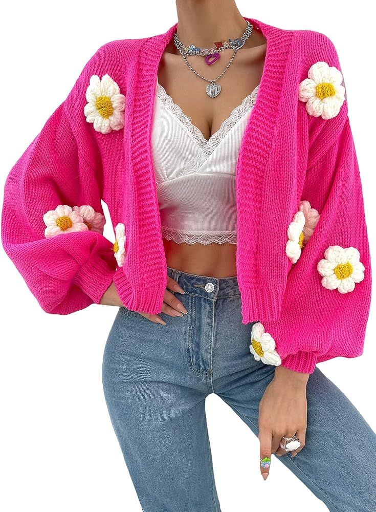 MakeMeChic Women's Floral Applique Lantern Sleeve Open Front Cropped Cardigan Sweater | Amazon (US)