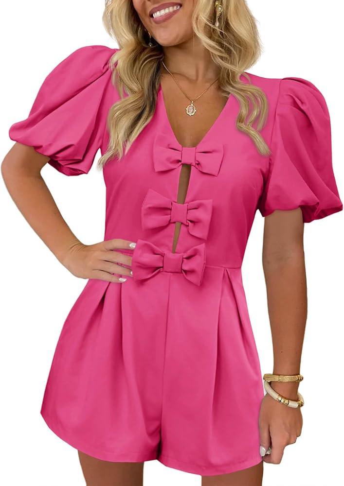 Cicy Bell Womens Cute Rompers Bow Front Puff Sleeve V Neck Short Jumpsuits Sexy Summer Outfits wi... | Amazon (US)