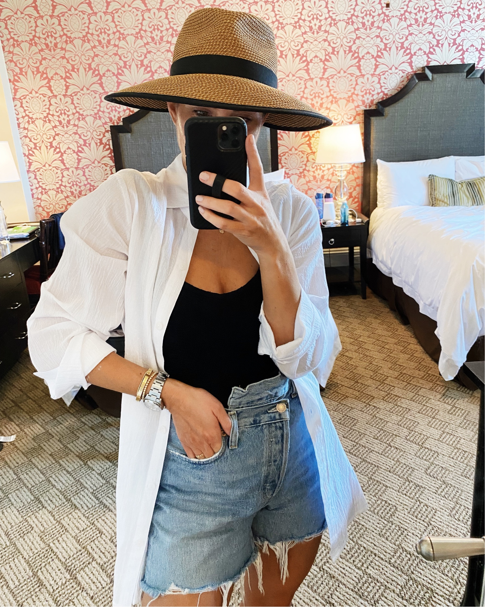 Hunza G one piece, Agolde cutoffs size 27, white button down coverup, sun hat, vacation outfit. 

#LTKunder100 #LTKstyletip #LTKswim