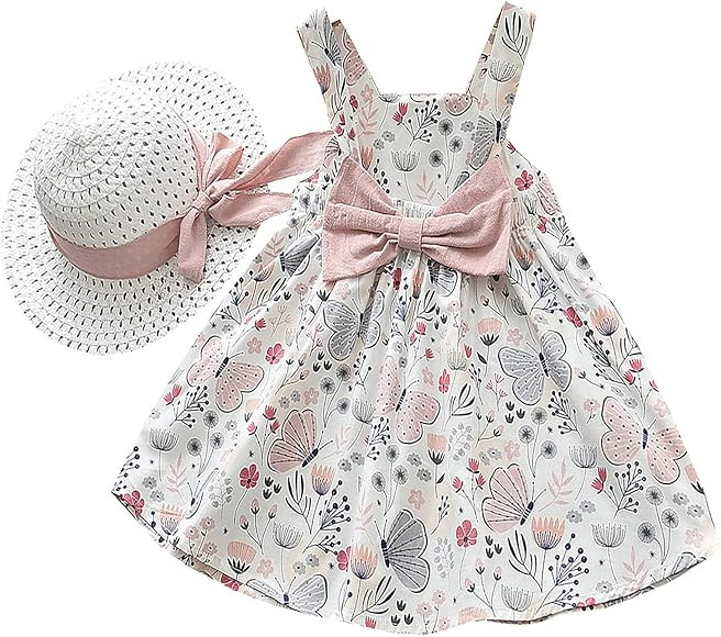 Amberetech Toddler Girls One-Piece Floral Dress Baby Sleeveless Backless Sundress with Straw Hat ... | Amazon (CA)