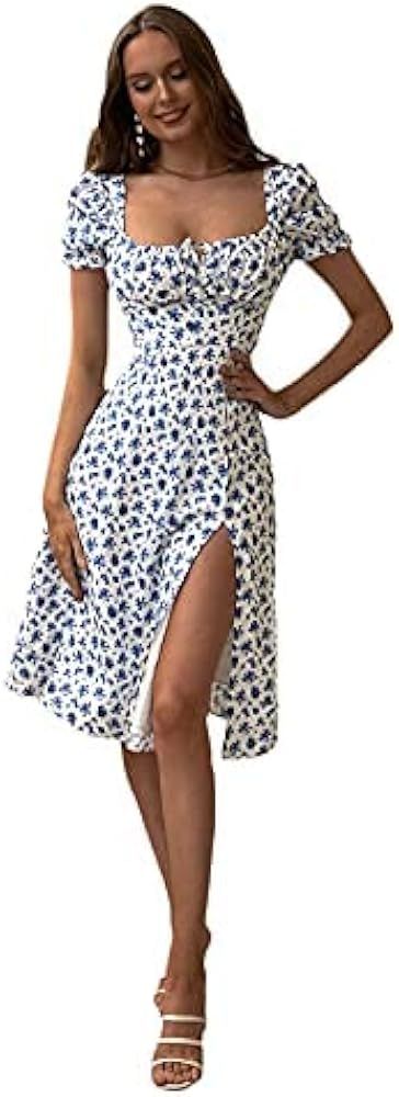 Floerns Women's Ditsy Floral Sweetheart Puff Sleeve A Line Midi Dress | Amazon (US)