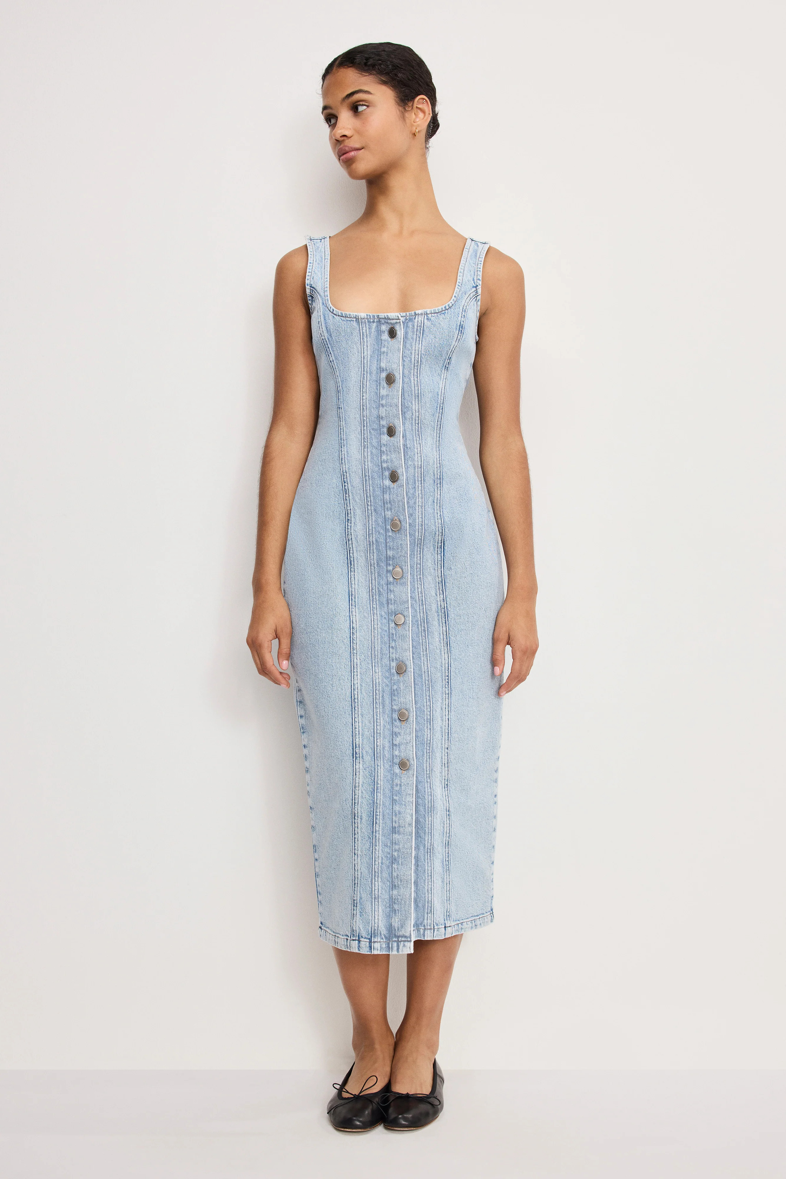 BUTTON FRONT MIDI DRESS | INDIGO911 - GOOD AMERICAN | Good American
