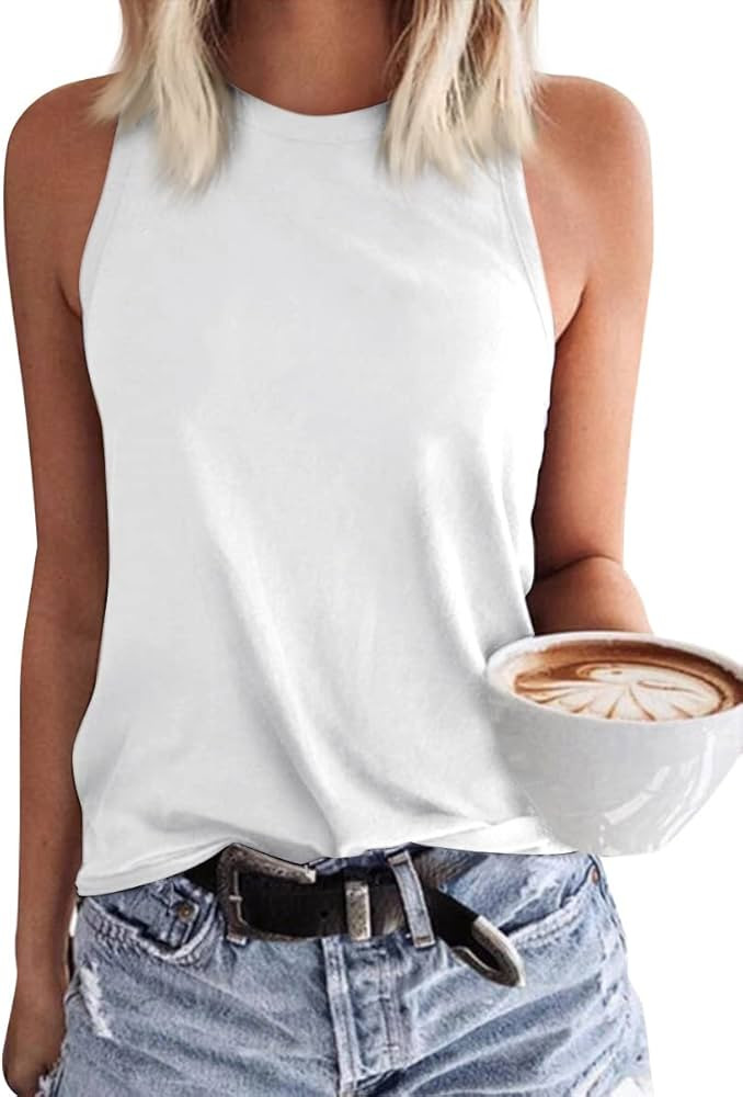Langwyqu Womens Crewneck Sleeveless Tank Tops Summer Casual Loose Fit Basic Shirts | Amazon (US)