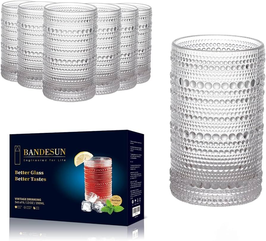 Bandesun Romantic Highball Glasses Set of 6, 12 oz Hobnail Glassware, Embossed Vintage Drinking G... | Amazon (US)