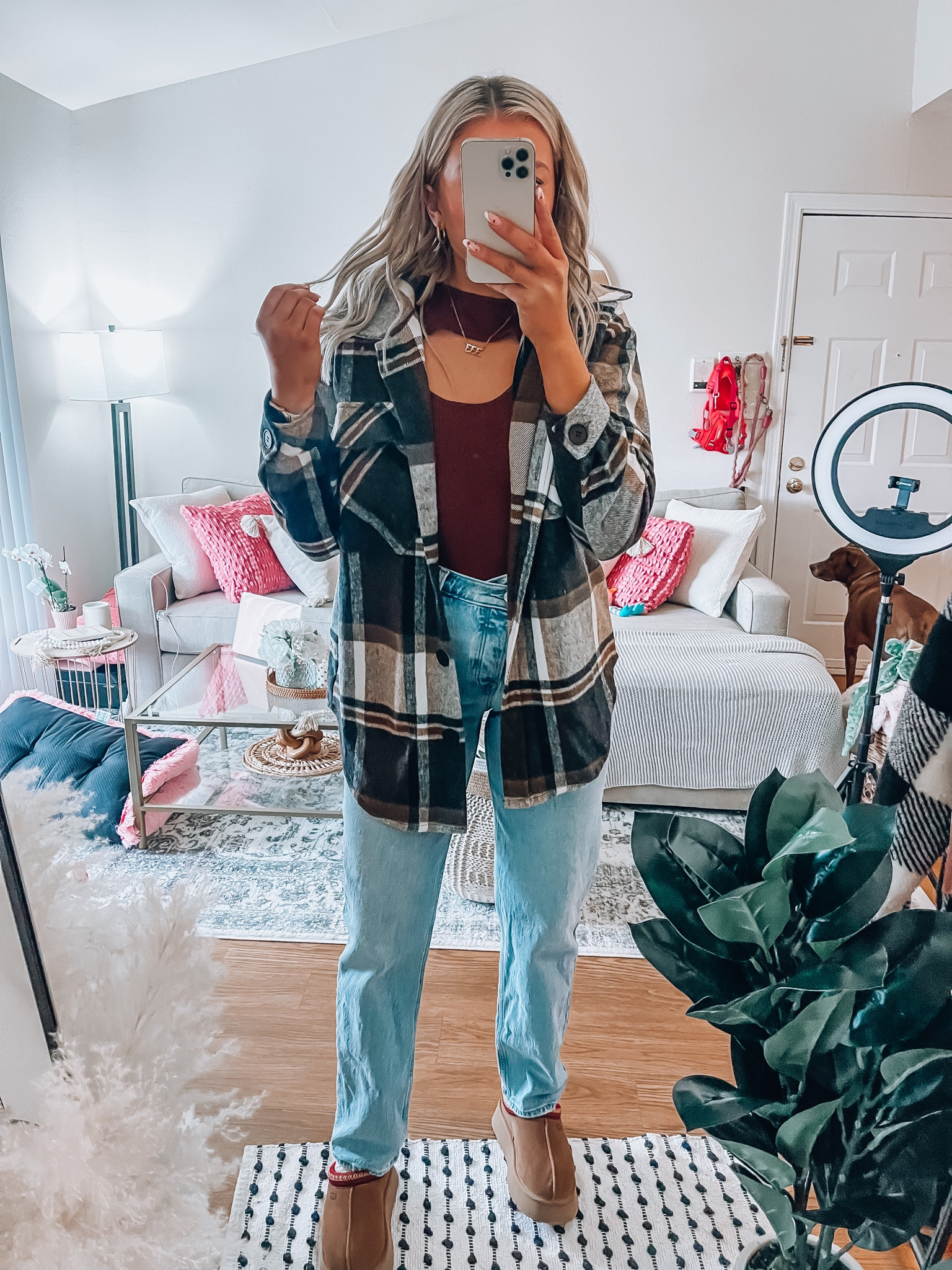 Shacket size large 
Jeans size 27 
Ugh slippers size 9, I’d recommend sizing up one size, they run a little tight 

#LTKshoecrush #LTKSeasonal #LTKstyletip