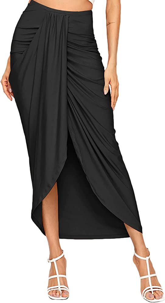 GORGLITTER Women's Slit Ruched Bodycon Maxi Skirt High Waist Side Split Asymmetrical Hem Wrap Lon... | Amazon (US)