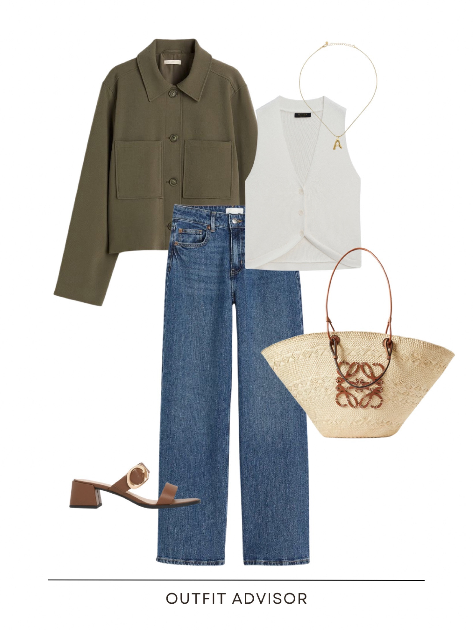 Casual neutral spring outfit idea: an olive green jacket, a white knit waistcoat, jeans, brown heels, a gold initials necklace and a loewe straw bag

#LTKstyletip #LTKshoecrush #LTKworkwear