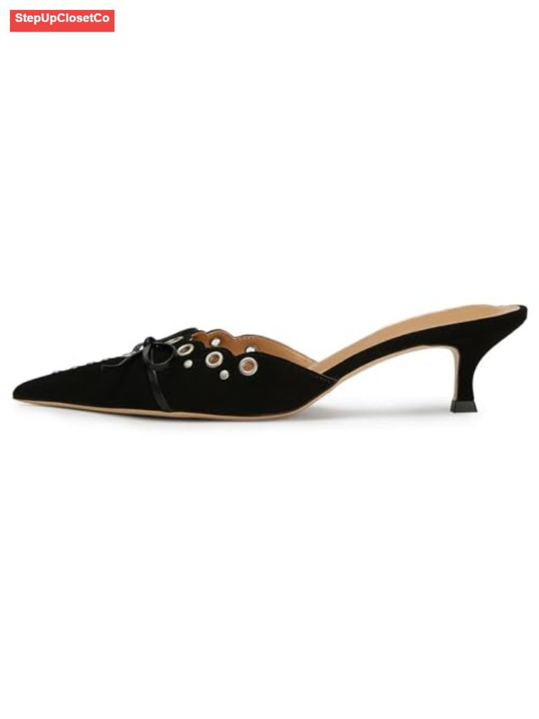 Kitten Heels Suede Leather Bow Studded Mules Pointed Toe Slip On Pumps | Poshmark