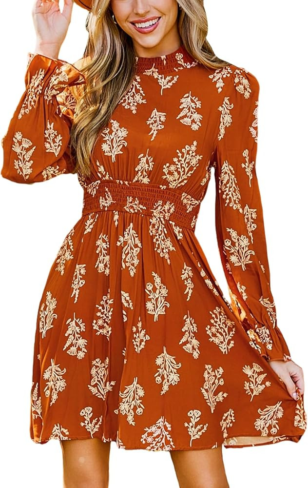 CUPSHE Women's Mock Neck Floral Mini Fall Dress Long Ruffle Sleeve Elastic Waist Smocked Casual F... | Amazon (US)