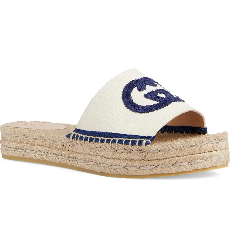 Pilar Interlocking G Embroidered Canvas Espadrille Slide Sandal (Women) | Nordstrom