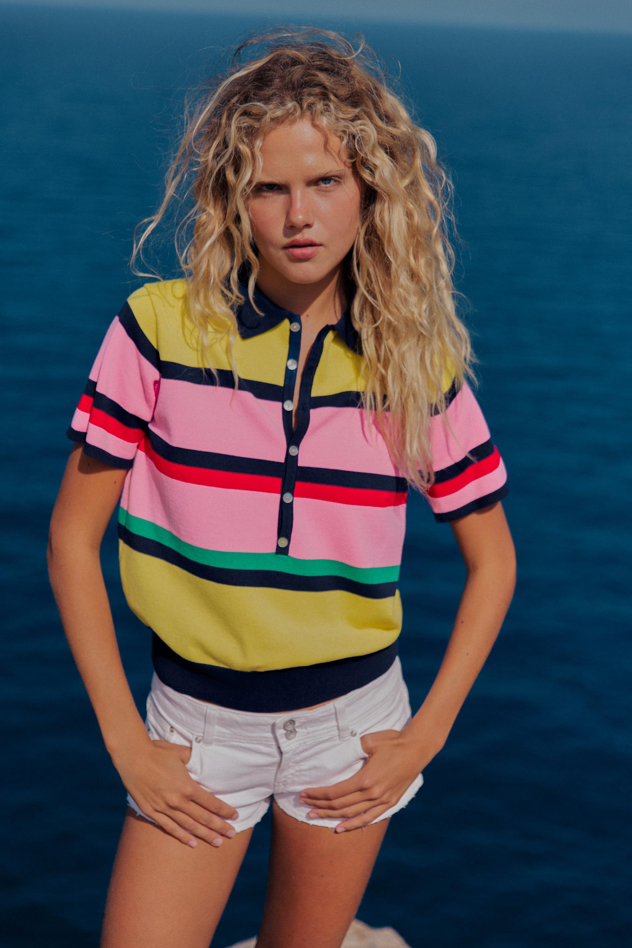 STRIPED KNIT POLO TOP | Zara US