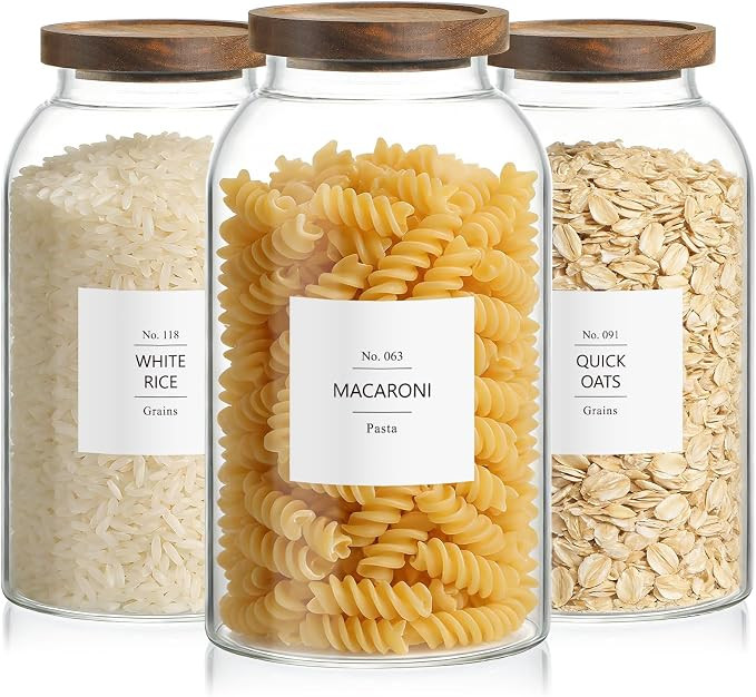88oz Large Glass Storage Jars with Airtight Acacia Lid and 126 Kitchen Pantry Labels Set of 3, Cl... | Amazon (US)