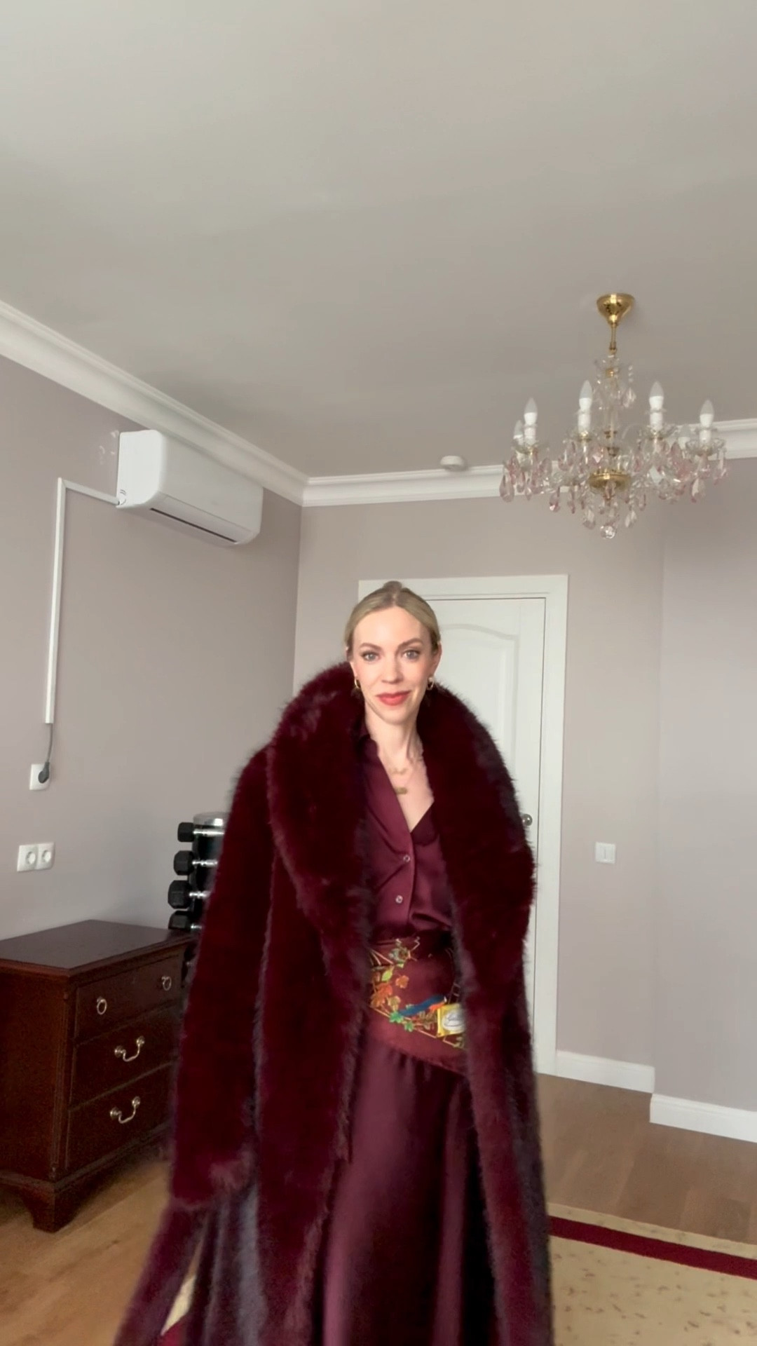 Winter workwear, office style, burgundy faux fur coat, burgundy monochrome outfit, burgundy satin skirt, Gucci silk scarf worn as belt, burgundy red boots

#LTKOver40 #LTKgrwm #LTKWorkwear