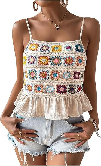 SHENHE Women's Floral Crochet Ruffled Sleeveless Cami Tank Top Boho Summer Peplum Top | Amazon (US)