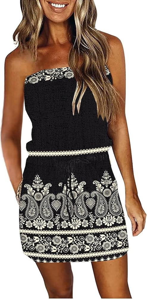 Summer Dress for Women Strapless Beach Cover Ups Boho Sundress Mini Dress Drawstring Waist with P... | Amazon (US)